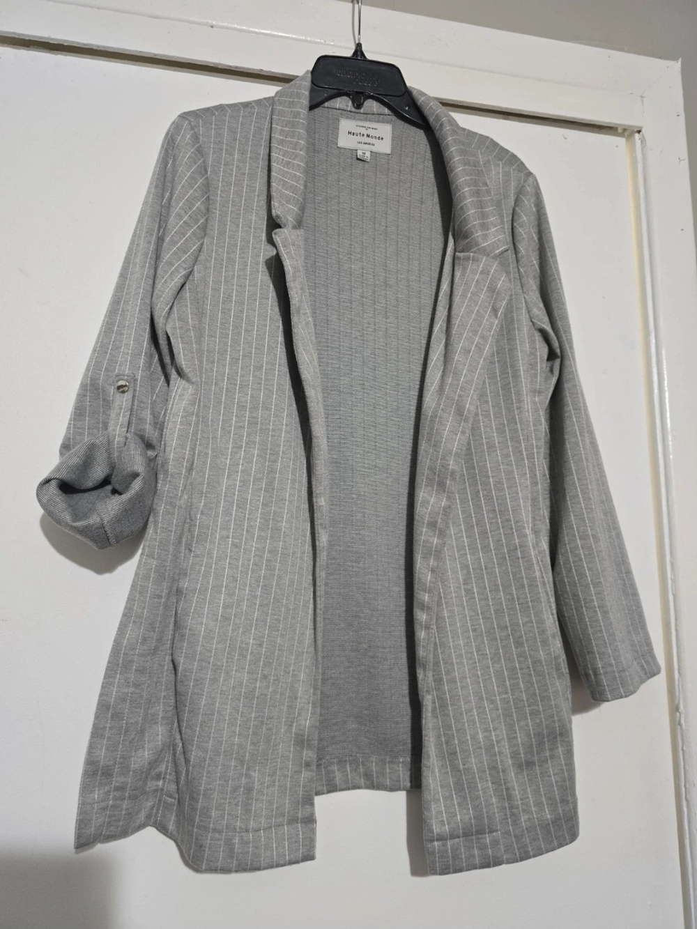 Haute Monde Light Gray Pinstripe Open-Front Cardigan Blazer